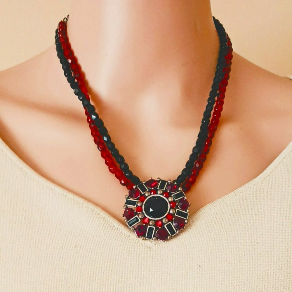 Double Strand Beaded Fall Necklace 18" Red Emerald Cut Stone Pendant Statement